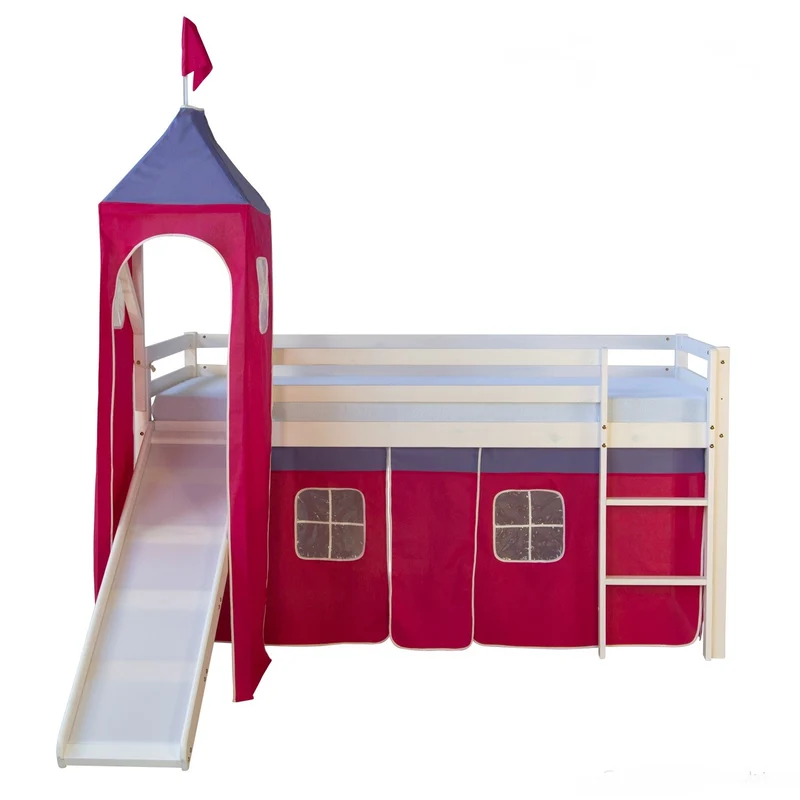 Lit mezzanine 90x200cm avec échelle toboggan en bois blanc et toile rouge incluse LIT06151