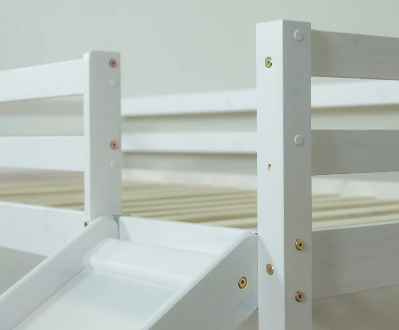 Lit mezzanine 90x200cm avec échelle toboggan en bois blanc et toile rouge incluse LIT06151