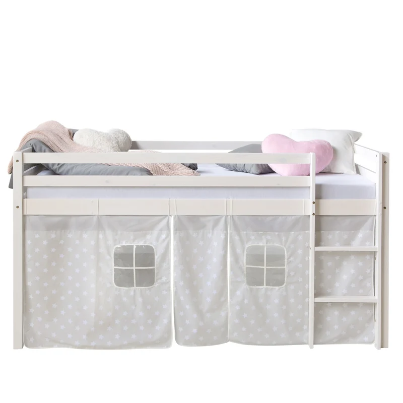Lit mezzanine 90x200cm avec échelle en bois blanc avec tissu gris étoile LIT06183
