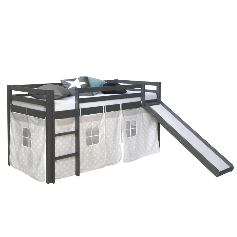 Lit mezzanine pour enfant 90x200cm avec échelle toboggan en bois gris avec tissu étoile LIT06173