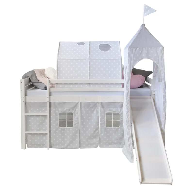 Lit mezzanine 90x200cm avec échelle toboggan en bois blanc avec tissu gris étoile tunnel et tour LIT06182