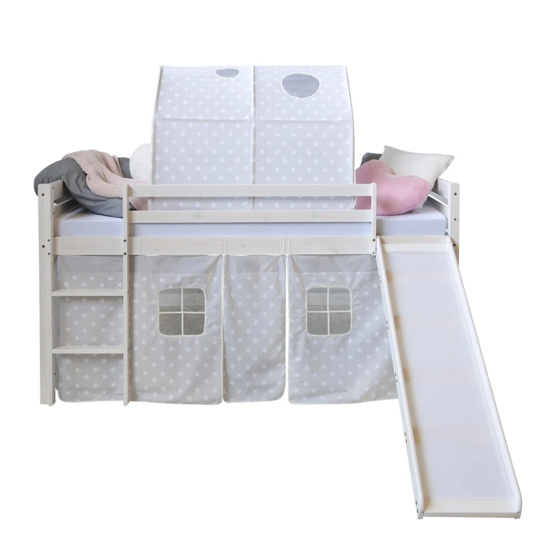 Lit mezzanine 90x200cm avec échelle toboggan en bois blanc avec tissu gris étoile et tunnel LIT06180
