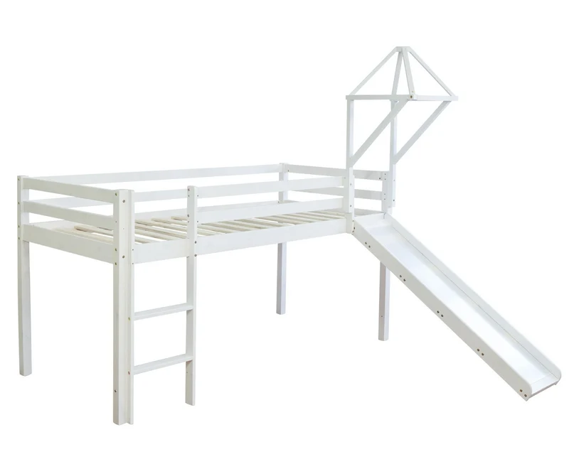 Lit mezzanine 90x200cm avec échelle toboggan en bois blanc et toile bleu incluse LIT06108