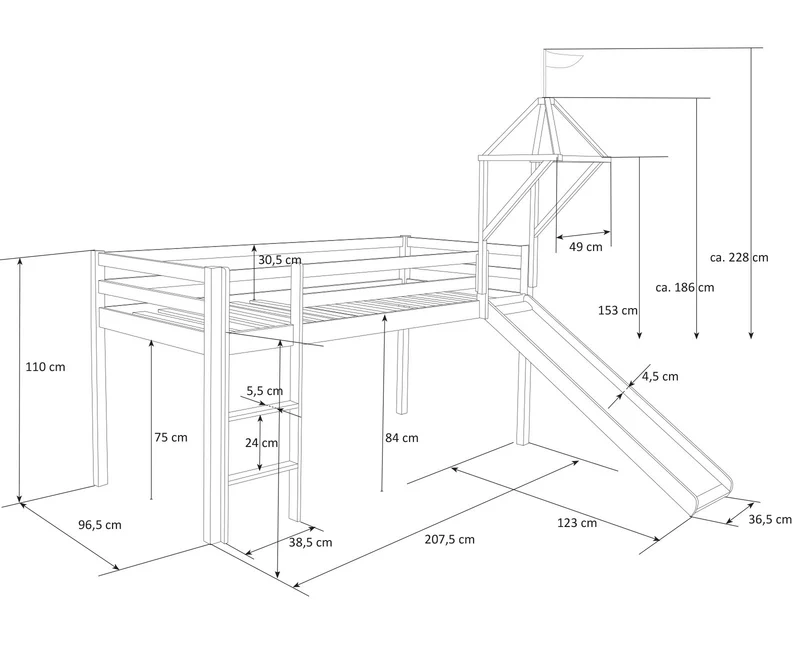 Lit mezzanine 90x200cm avec échelle toboggan en bois blanc et toile bleu incluse LIT06108