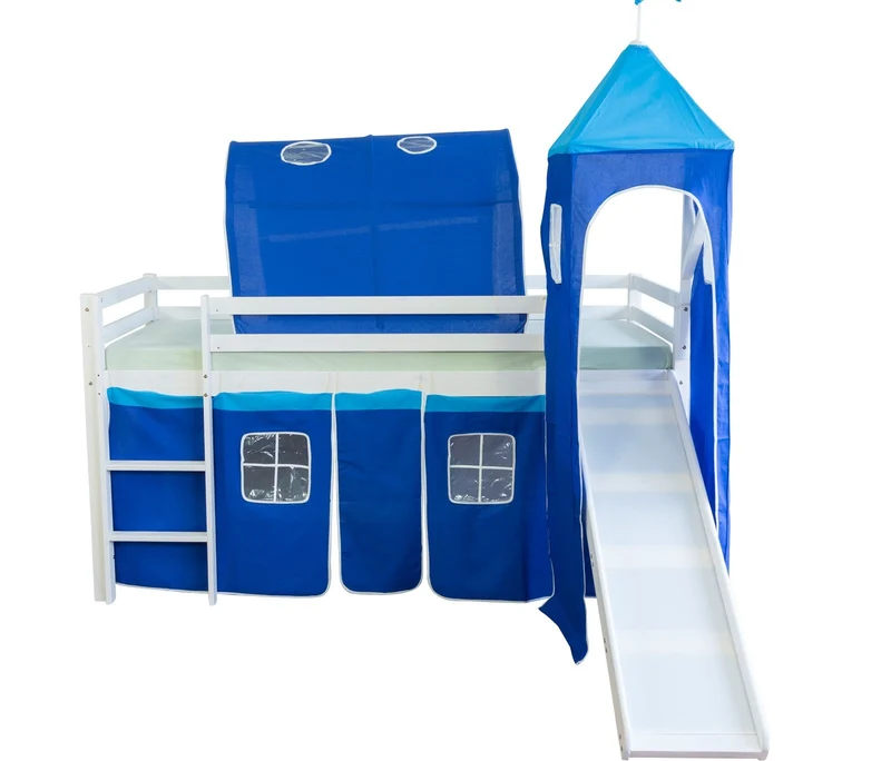 Lit mezzanine 90x200cm avec échelle toboggan en bois blanc et toile bleu incluse LIT06108