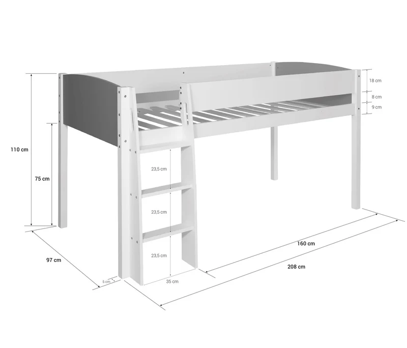Lit mezzanine mi-hauteur avec sommier à lattes 90x200cm échelle en bois blanc et gris LIT06168