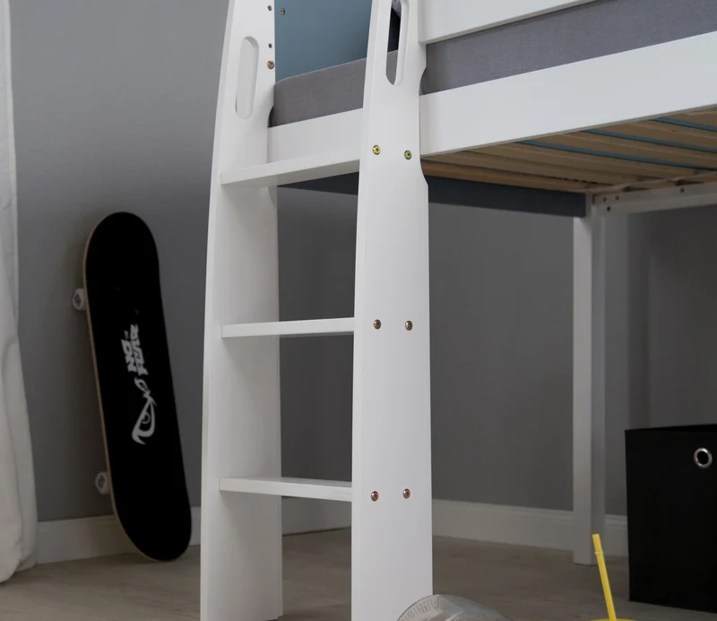 Lit mezzanine mi-hauteur avec sommier à lattes 90x200cm échelle en bois blanc et gris LIT06168