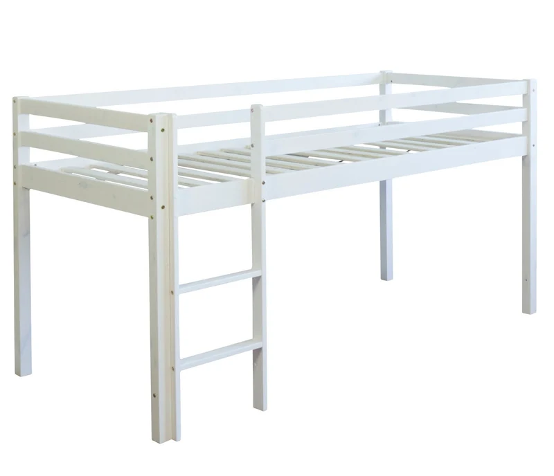 Lit mezzanine 90x200cm avec échelle en bois blanc toile et tunnel rose LIT06101