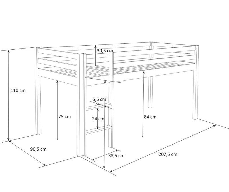 Lit mezzanine 90x200cm avec échelle en bois blanc toile et tunnel rose LIT06101