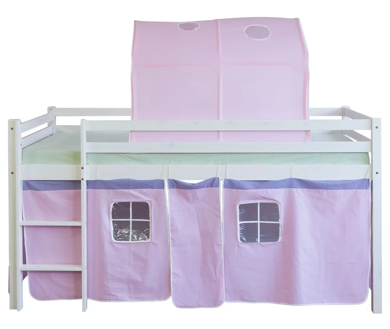 Lit mezzanine 90x200cm avec échelle en bois blanc toile et tunnel rose LIT06101