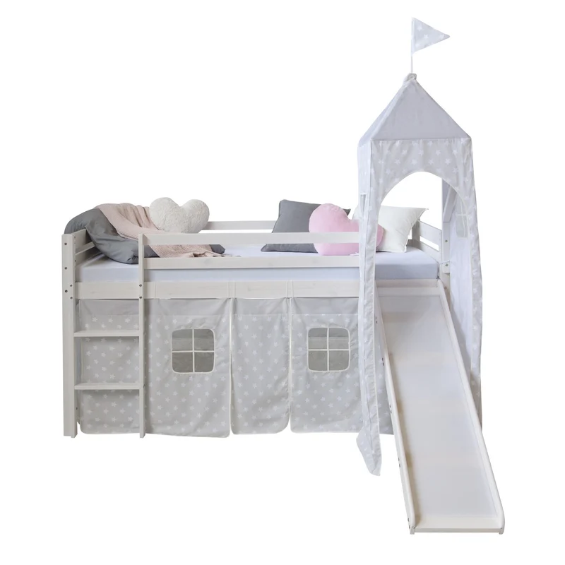 Lit mezzanine 90x200cm avec échelle toboggan en bois blanc avec tissu gris étoile et tour LIT06181