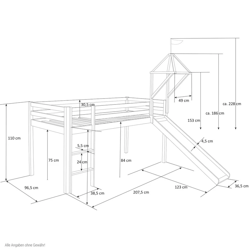 Lit mezzanine 90x200cm avec échelle toboggan en bois blanc avec tissu gris étoile et tour LIT06181