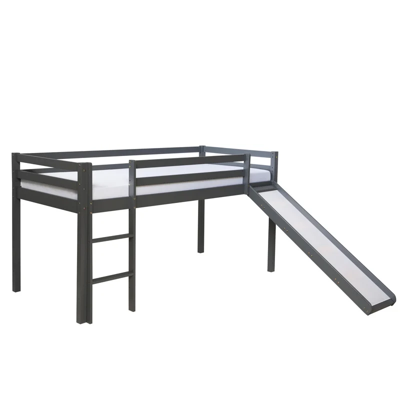Lit mezzanine pour enfant 90x200cm avec échelle toboggan en bois gris LIT06172