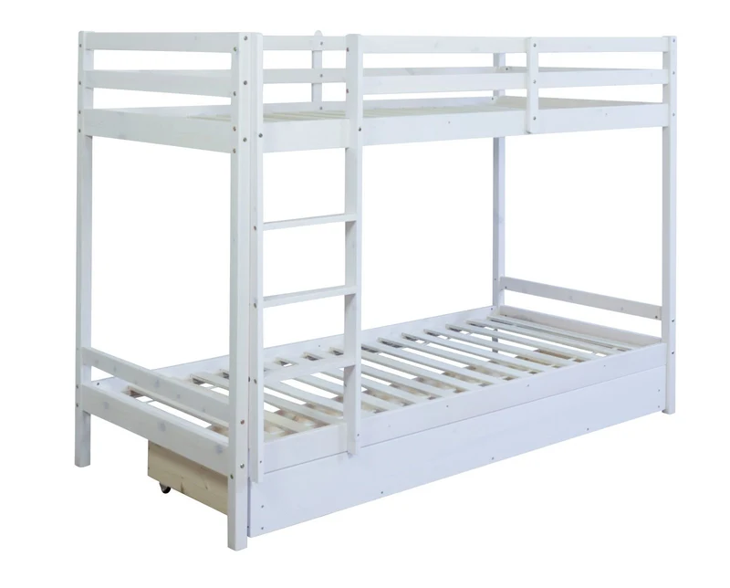 Lit enfant superposé en bois avec sommier à lattes et tiroir 90x200 cm blanc LIT06099