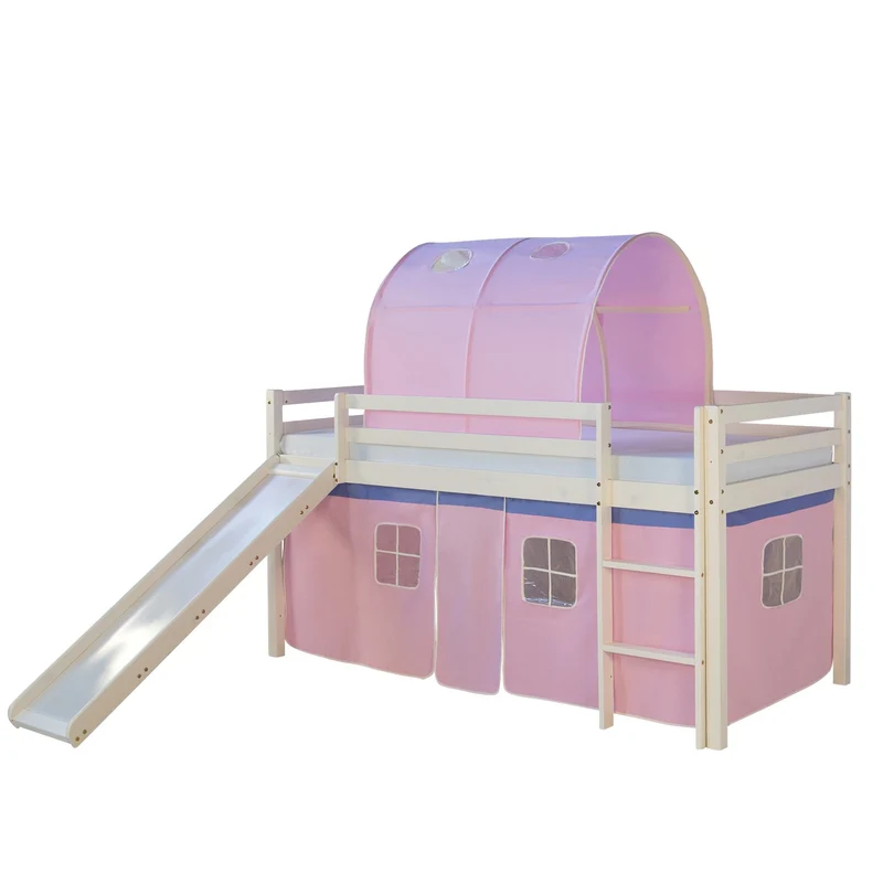 Lit mezzanine pour enfant avec sommier toboggan tunnel rideau modèle rose 90x200 cm LIT06187