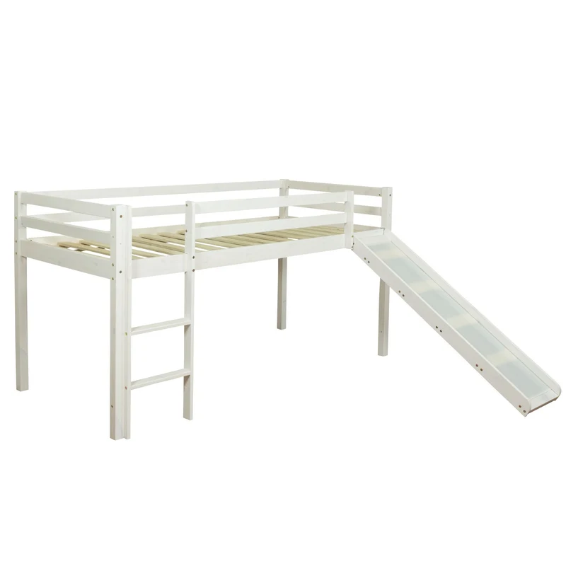Lit mezzanine pour enfant avec sommier toboggan tunnel rideau modèle rose 90x200 cm LIT06187