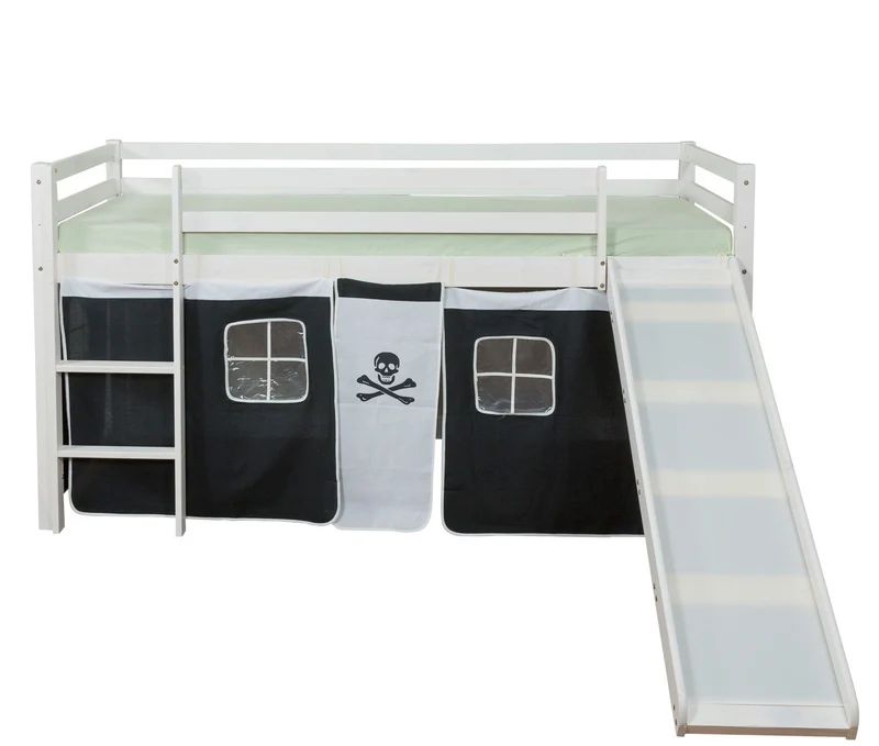Lit mezzanine 90x200cm avec échelle toboggan en bois blanc et toile noir pirate LIT06117