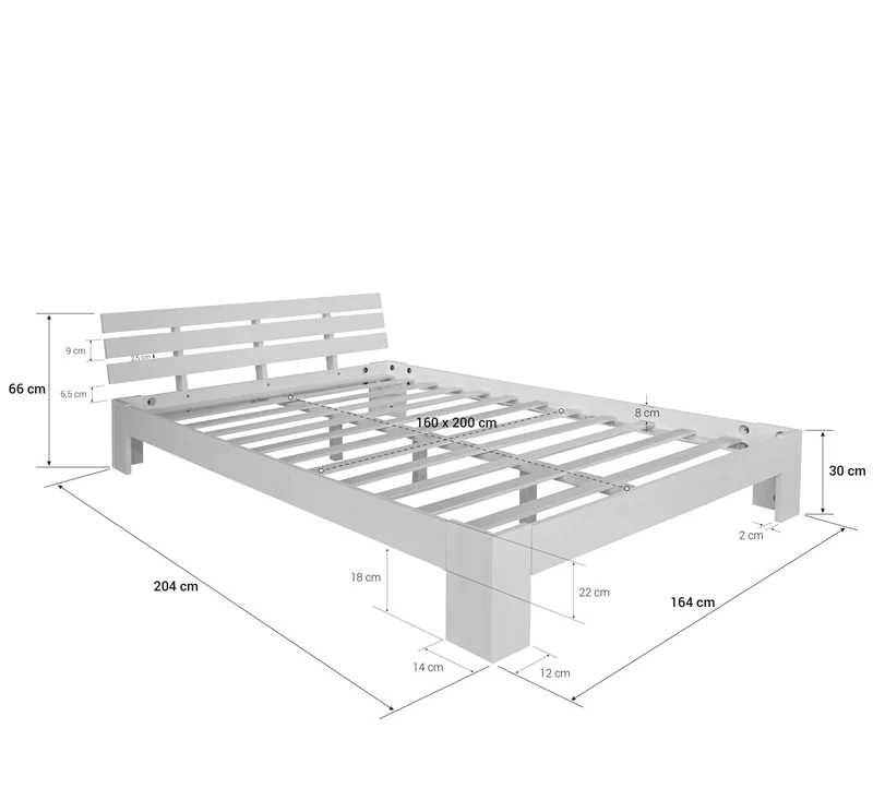 Lit double 2 personnes avec sommier à lattes en bois blanc 160x 200cm LIT06160