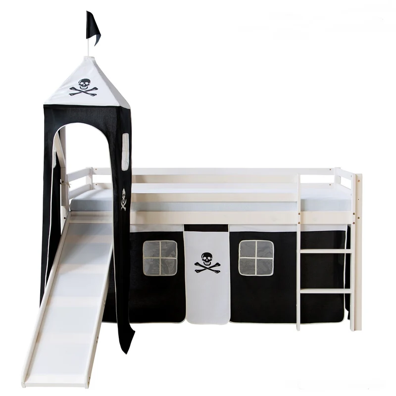 Lit mezzanine 90x200cm avec échelle toboggan en bois blanc et toile noir pirate incluse LIT06154