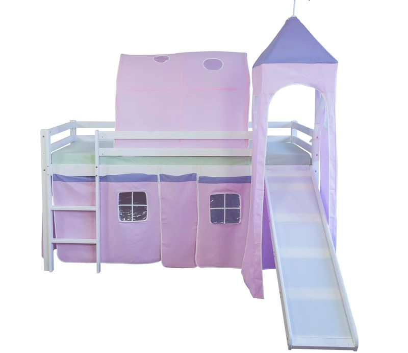 Lit mezzanine 90x200cm avec échelle toboggan en bois blanc et toile rose incluse LIT06107