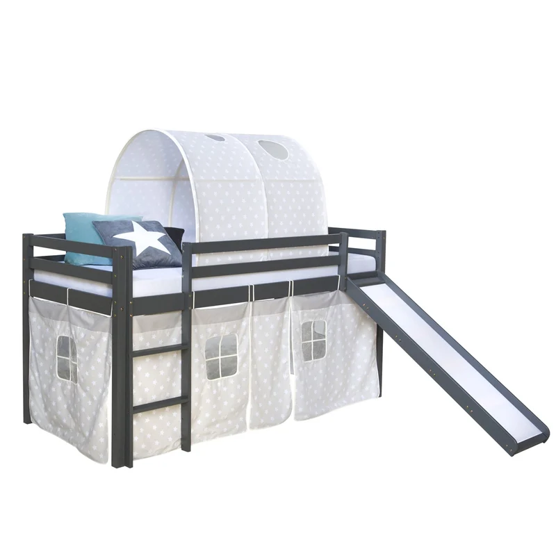 Lit mezzanine 90x200cm avec échelle toboggan en bois gris avec tissu étoile et tunnel LIT06174