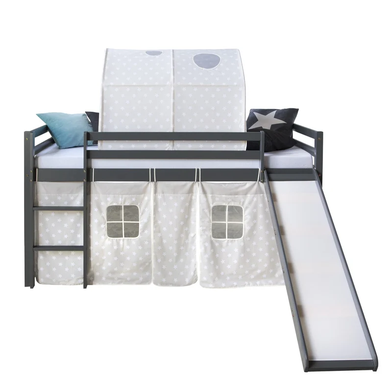 Lit mezzanine 90x200cm avec échelle toboggan en bois gris avec tissu étoile et tunnel LIT06174