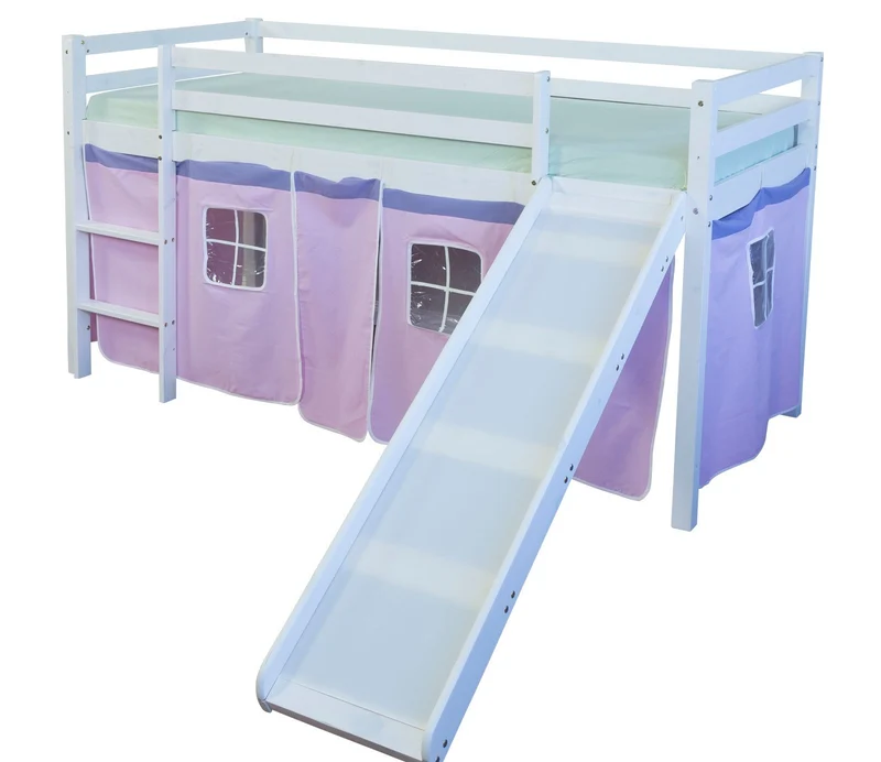 Lit mezzanine 90x200cm avec échelle toboggan en bois blanc et toile rose LIT06116