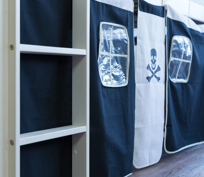 Lit mezzanine 90x200cm avec échelle en bois blanc et toile noir pirate LIT06121