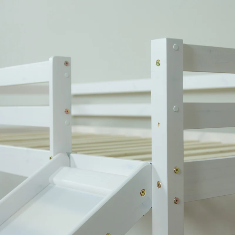 Lit mezzanine 90x200cm avec échelle toboggan en bois laqué blanc et toile bleu incluse LIT06009