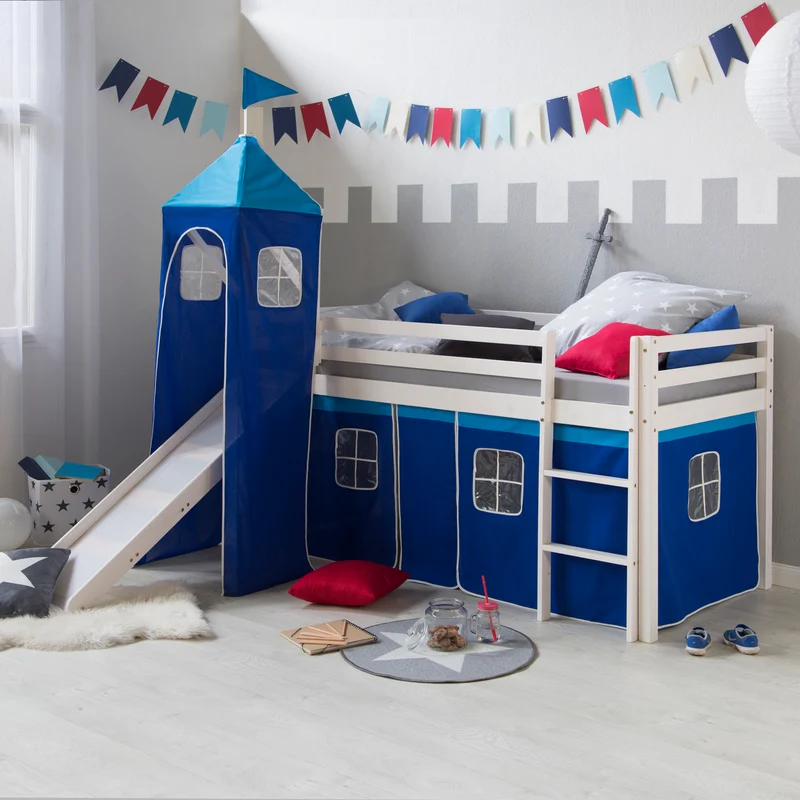 Lit mezzanine 90x200cm avec échelle toboggan en bois laqué blanc et toile bleu incluse LIT06009