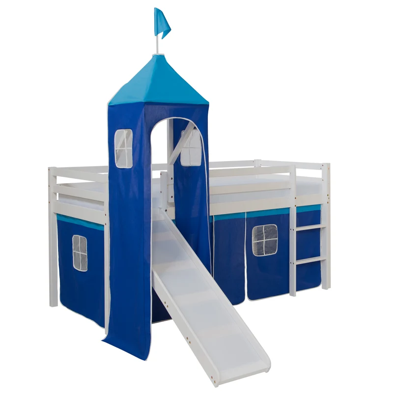 Lit mezzanine 90x200cm avec échelle toboggan en bois laqué blanc et toile bleu incluse LIT06009