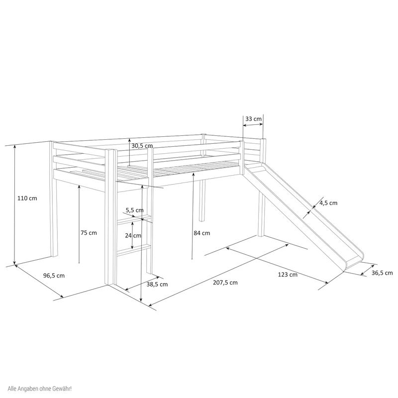 Lit mezzanine 90x200cm avec échelle toboggan en bois laqué blanc et toile bleu incluse LIT06009