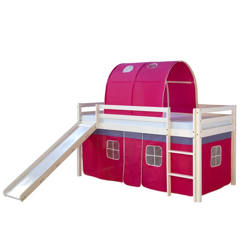 Lit mezzanine pour enfant avec sommier toboggan tunnel rideau modèle rose foncé 90x200 cm LIT06188