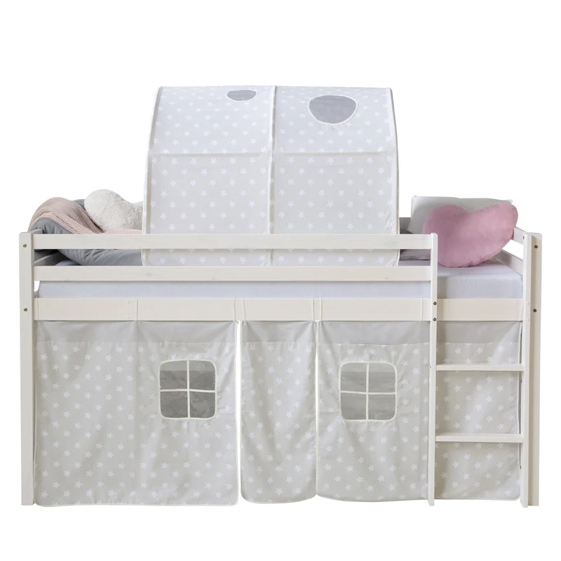 Lit mezzanine 90x200cm avec échelle en bois blanc avec tissu gris étoile et tunnel LIT06184