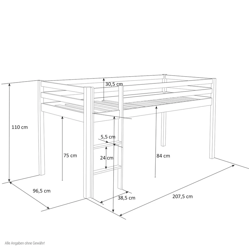 Lit mezzanine 90x200cm avec échelle en bois blanc avec tissu gris étoile et tunnel LIT06184