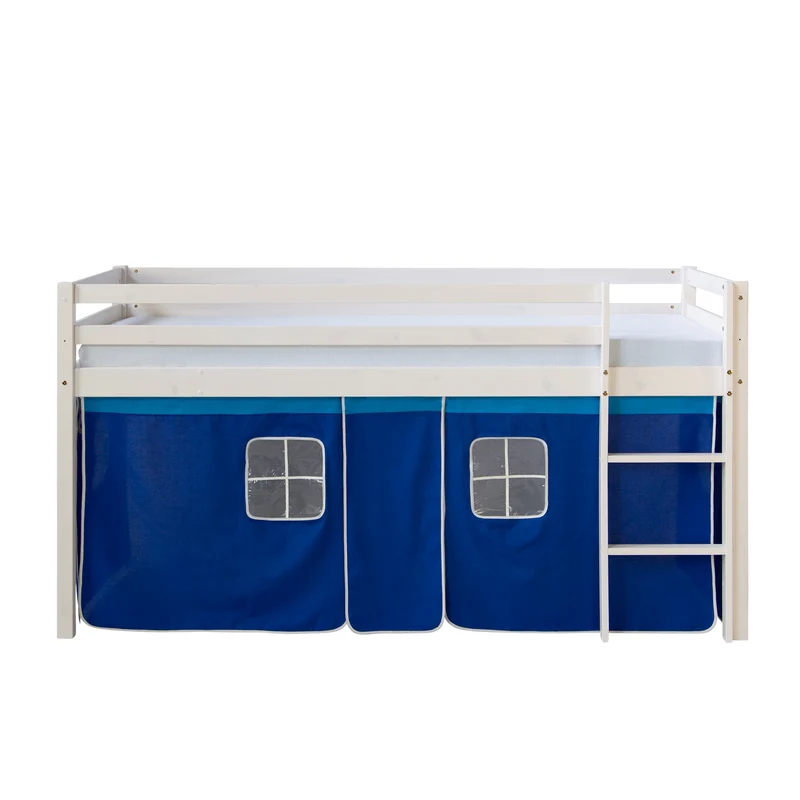 Lit mezzanine 90x200cm avec échelle en bois laqué blanc et toile bleu incluse LIT06011