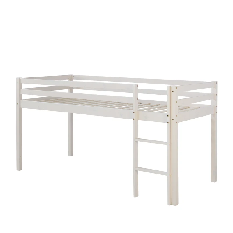 Lit mezzanine 90x200cm avec échelle en bois laqué blanc et toile bleu incluse LIT06011