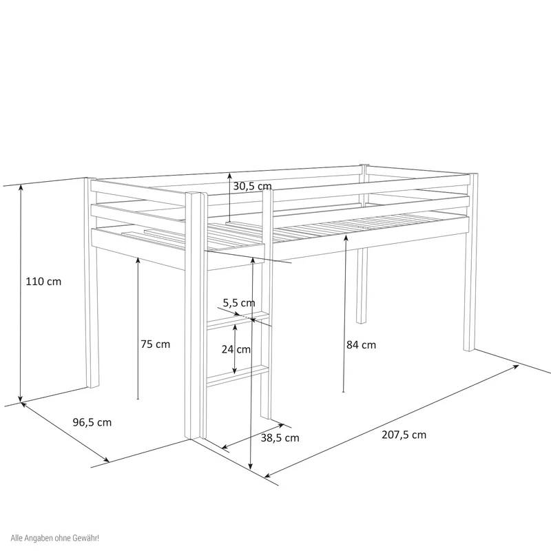 Lit mezzanine 90x200cm avec échelle en bois laqué blanc et toile bleu incluse LIT06011