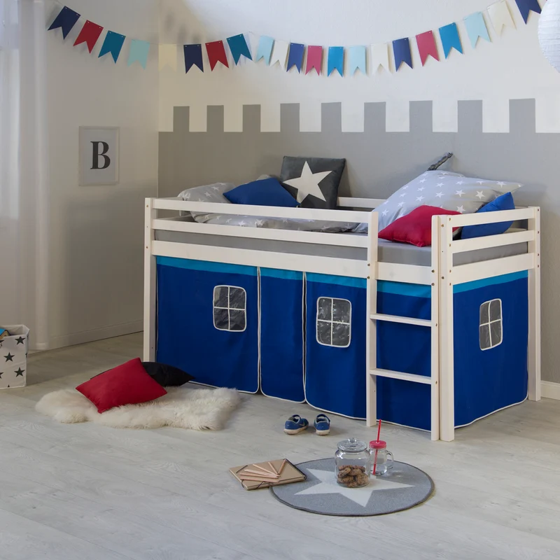 Lit mezzanine 90x200cm avec échelle en bois laqué blanc et toile bleu incluse LIT06011
