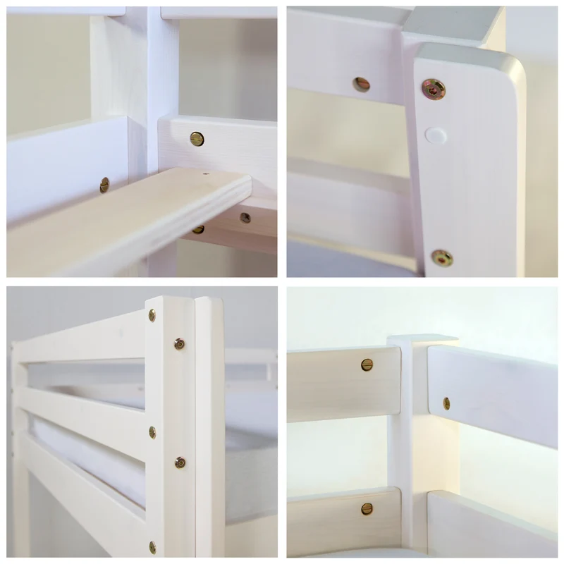 Lit mezzanine 90x200cm avec échelle en bois laqué blanc et toile bleu incluse LIT06011