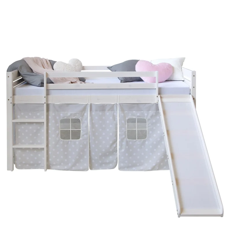Lit mezzanine pour enfant 90x200cm avec échelle toboggan en bois blanc avec tissu gris étoile LIT06179
