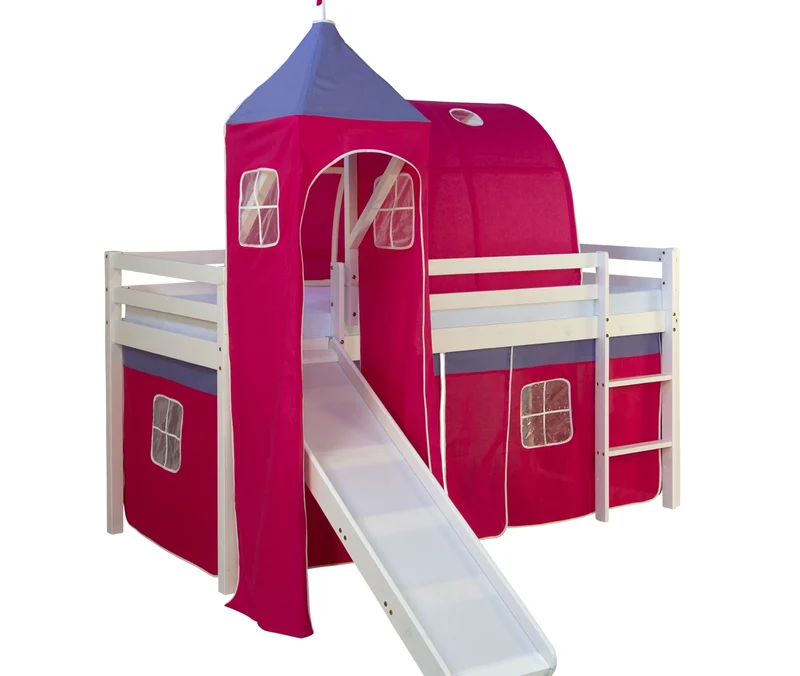 Lit mezzanine 90x200cm avec échelle toboggan en bois laqué blanc et toile rose foncé incluse LIT06010/3