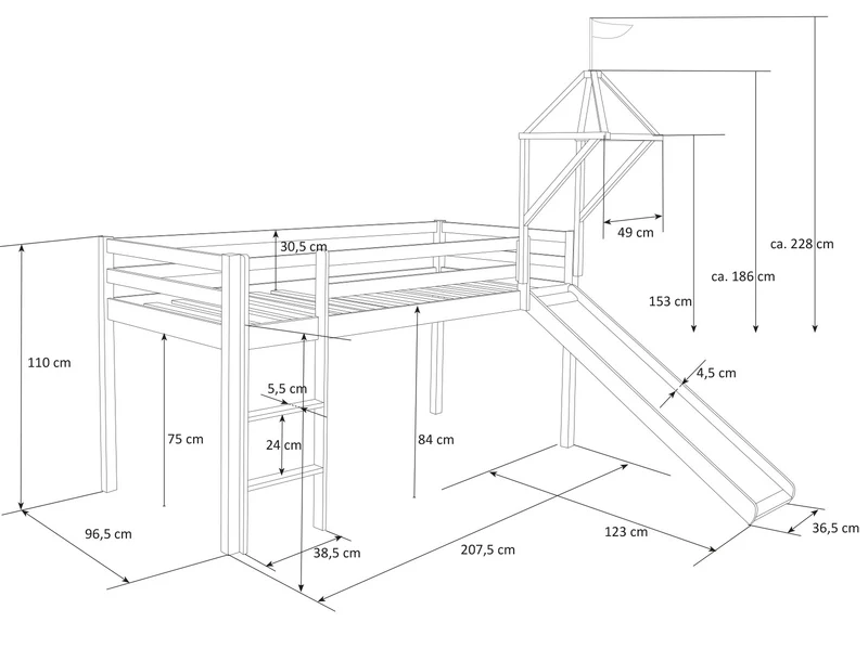Lit mezzanine 90x200cm avec échelle toboggan en bois laqué blanc et toile rose foncé incluse LIT06010/3