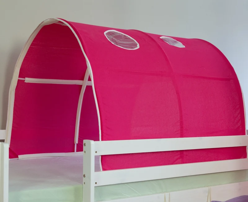Lit mezzanine 90x200cm avec échelle toboggan en bois laqué blanc et toile rose foncé incluse LIT06010/3