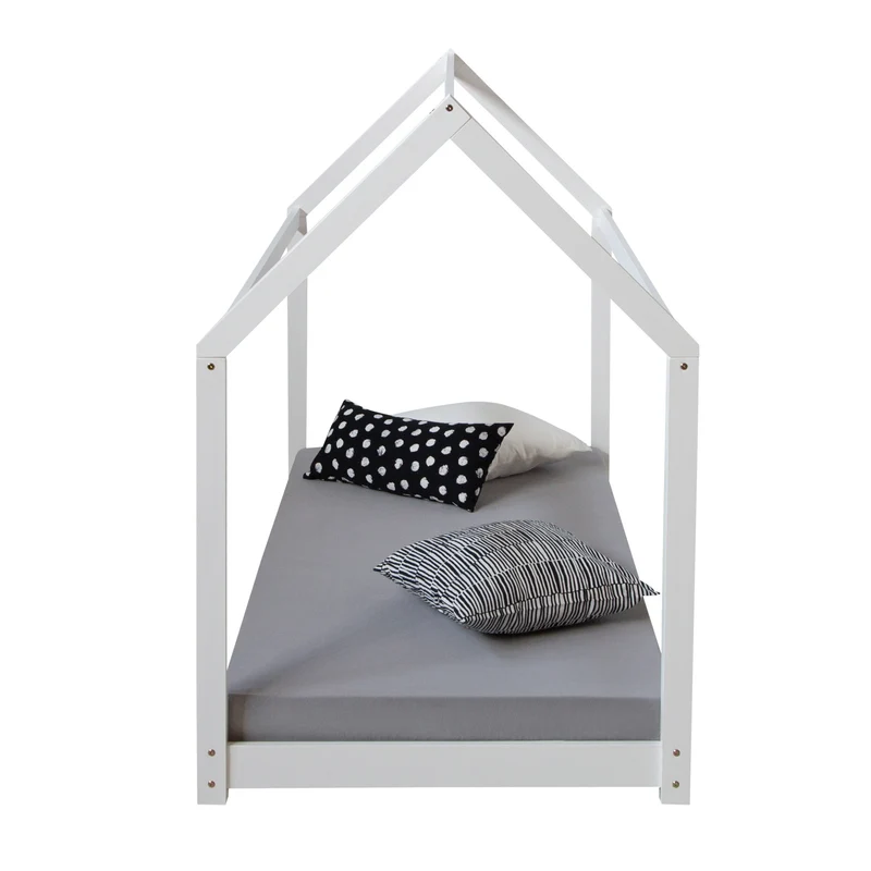 Lit cabane pour enfant en forme de maison en bois blanc avec sommier à lattes 80x160 cm LIT06198