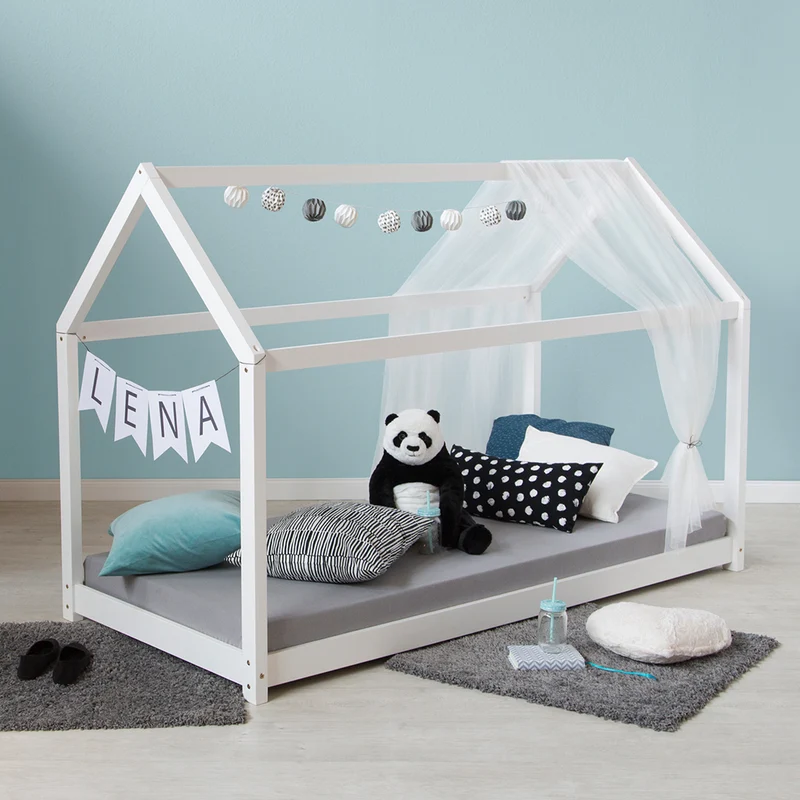 Lit cabane pour enfant en forme de maison en bois blanc avec sommier à lattes 80x160 cm LIT06198
