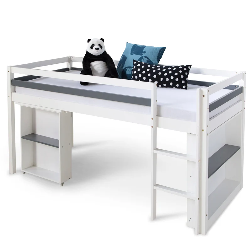 Lit mezzanine mi-hauteur pour enfant 90x200cm avec rangement bureau extensible et sommier LIT06199