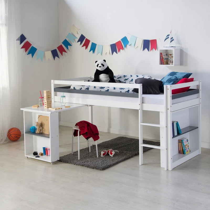 Lit mezzanine mi-hauteur pour enfant 90x200cm avec rangement bureau extensible et sommier LIT06199