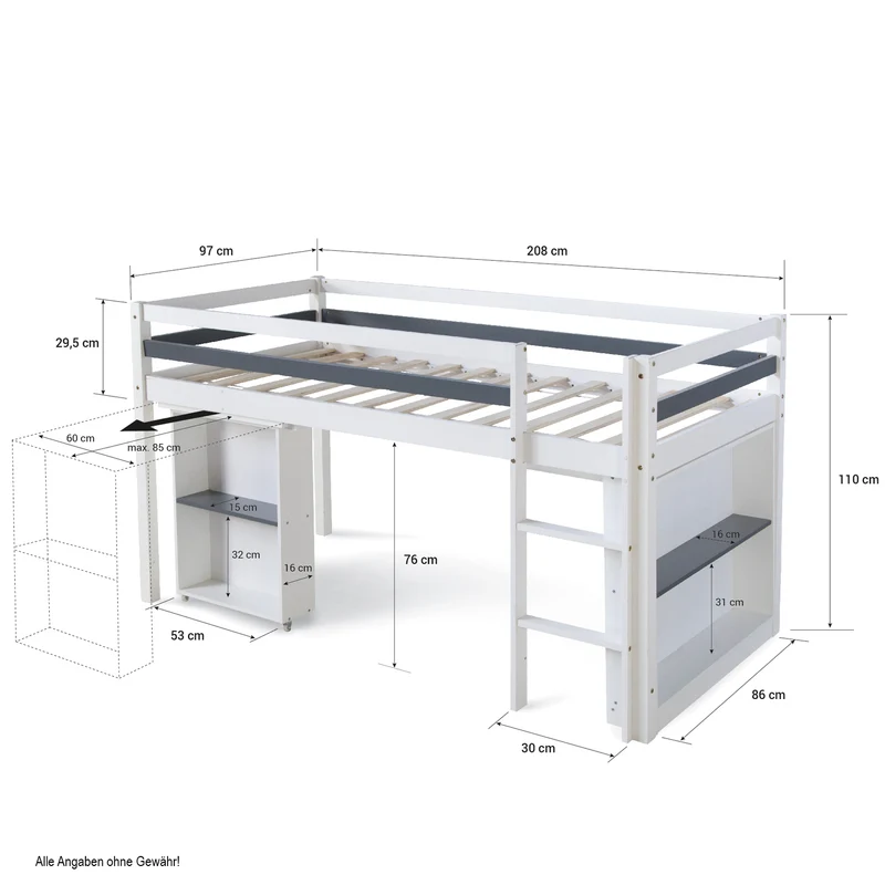 Lit mezzanine mi-hauteur pour enfant 90x200cm avec rangement bureau extensible et sommier LIT06199