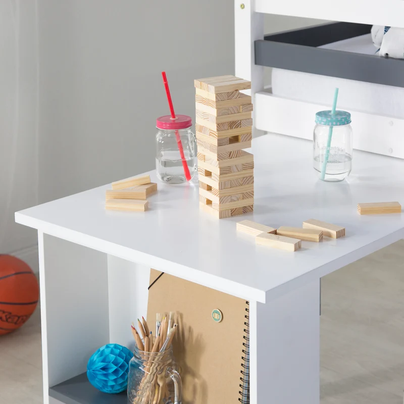 Lit mezzanine mi-hauteur pour enfant 90x200cm avec rangement bureau extensible et sommier LIT06199